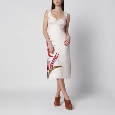 Farm Rio Sand-colored Linen Midi Dress With Strelitzia Pattern In White