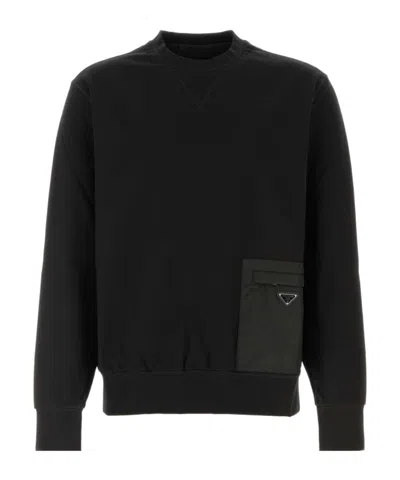Prada Stretch Viscose-polyamide T-shirt Sweatshirt With External Pocket And Calf Leather Detail In Metallic