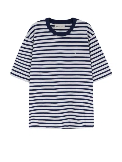 Ami Alexandre Mattiussi Ami Paris White And Blue Mariniere Boxy Fit Cotton T-shirt In Multi