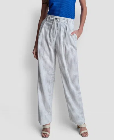 Dkny Stripe Linen Blend Drawstring Pants In Gray