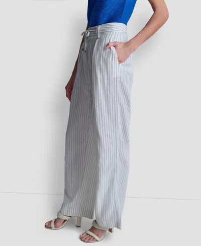 Dkny Stripe Linen Blend Drawstring Pants In Gray