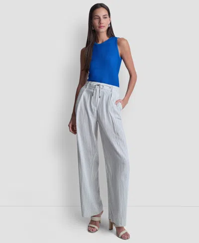 Dkny Stripe Linen Blend Drawstring Pants In Gray