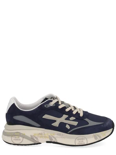 Premiata Blue Suede And Technical Fabric Sneakers With Embossed Logo