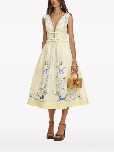 Self-portrait Floral Pleated Sleeveless Dress Knee Length In Yellow