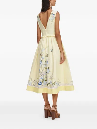 Self-portrait Floral Pleated Sleeveless Dress Knee Length In Yellow