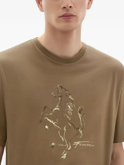 Ferrari Cotton T-shirt With Prancing Horse Print In Brown
