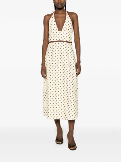 Posse Bowie Polka-dot Linen And Cotton-blend Halterneck Midi Dress In Yellow