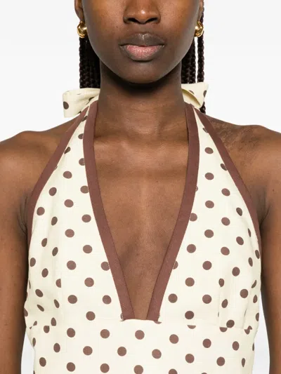 Posse Bowie Polka-dot Linen And Cotton-blend Halterneck Midi Dress In Yellow