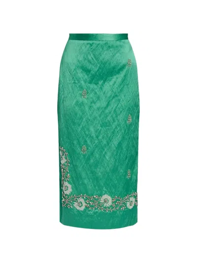Erdem Womens Sea Green Embellished Textured Satin Pencil Midi Skirt