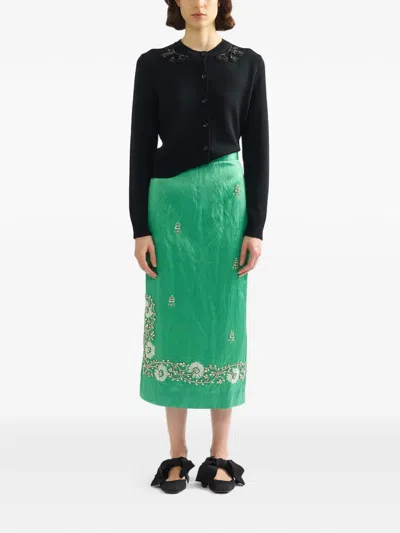 Erdem Womens Sea Green Embellished Textured Satin Pencil Midi Skirt