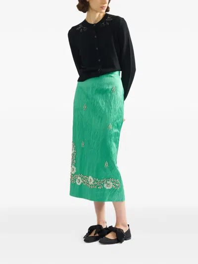 Erdem Womens Sea Green Embellished Textured Satin Pencil Midi Skirt