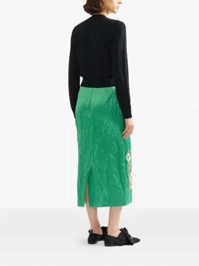 Erdem Womens Sea Green Embellished Textured Satin Pencil Midi Skirt