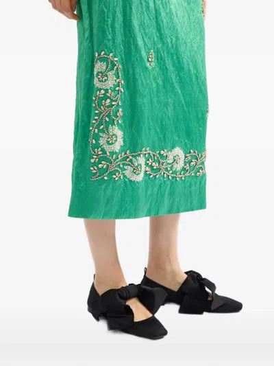 Erdem Womens Sea Green Embellished Textured Satin Pencil Midi Skirt