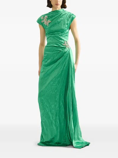 Erdem Womens Sea Green Draped Embellished Satin Maxi Gown