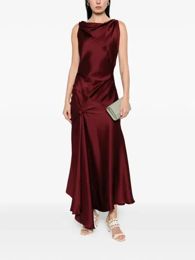 Victoria Beckham Asymmetric Draped Sleeveless Satin Midi Dress In Burgundy