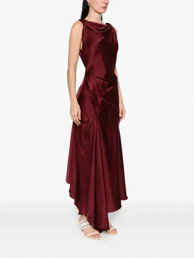 Victoria Beckham Asymmetric Draped Sleeveless Satin Midi Dress In Burgundy