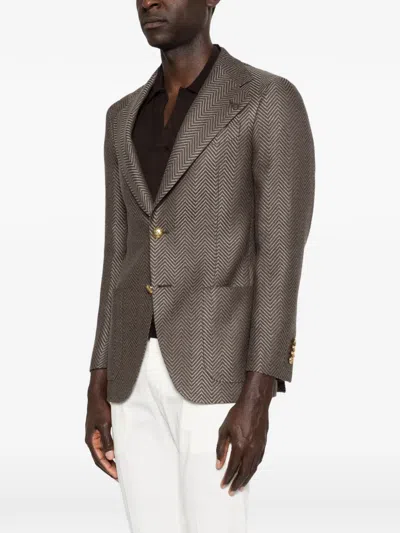 Gabriele Pasini Herringbone Button Blazer In Brown