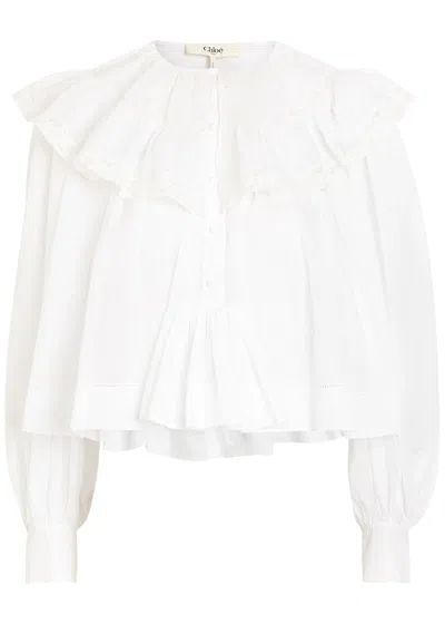 Chloé Milk Cotton Voile And Lace Ruffled Cropped Top In White