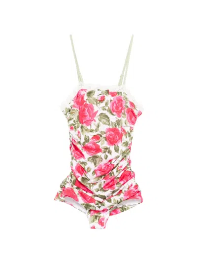 Chloé Bow-detailed Ruched Lace-trimmed Floral-print Swimsuit In Multi