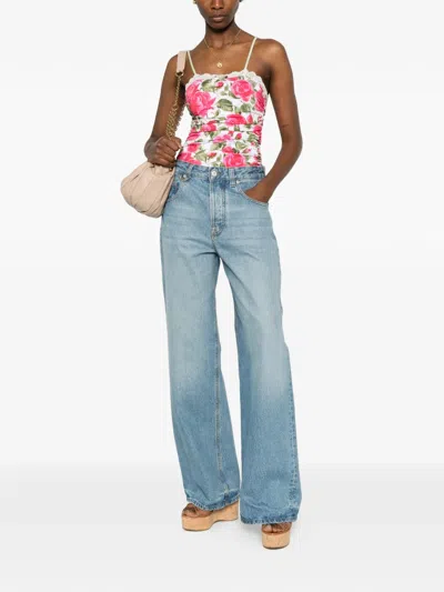 Chloé Bow-detailed Ruched Lace-trimmed Floral-print Swimsuit In Multi