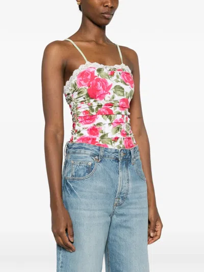 Chloé Bow-detailed Ruched Lace-trimmed Floral-print Swimsuit In Multi