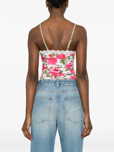 Chloé Bow-detailed Ruched Lace-trimmed Floral-print Swimsuit In Multi