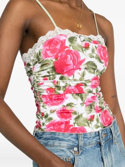 Chloé Bow-detailed Ruched Lace-trimmed Floral-print Swimsuit In Multi