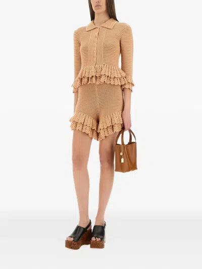 Chloé Tiered Ruffle Crochet Knit Shorts In Brown