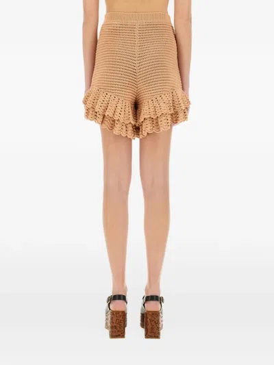 Chloé Tiered Ruffle Crochet Knit Shorts In Brown