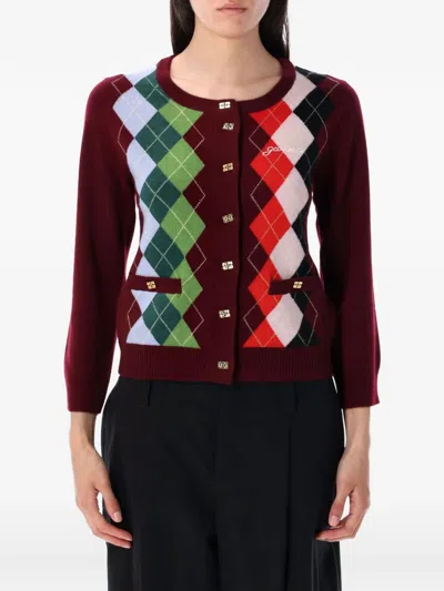 Ganni Burgundy Checked Cardigan In Cashmere Blend Women In Red