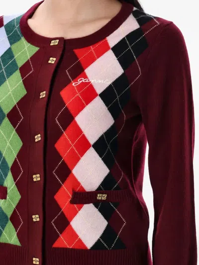 Ganni Burgundy Checked Cardigan In Cashmere Blend Women In Red