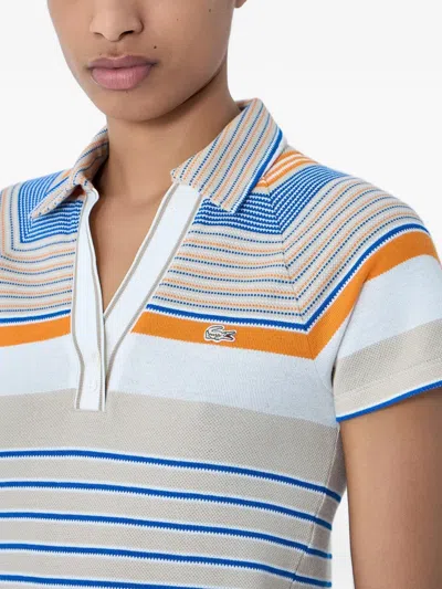Lacoste Striped Collared Polo Top In Brown