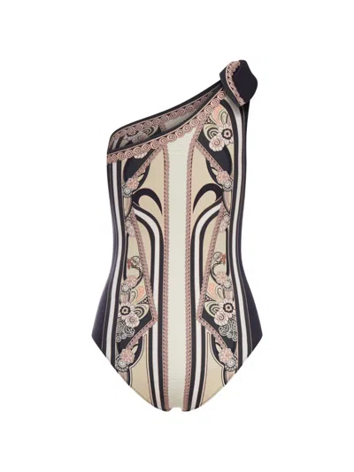 La Doublej One-shoulder Swimsuit With Ornamental Print In Brown