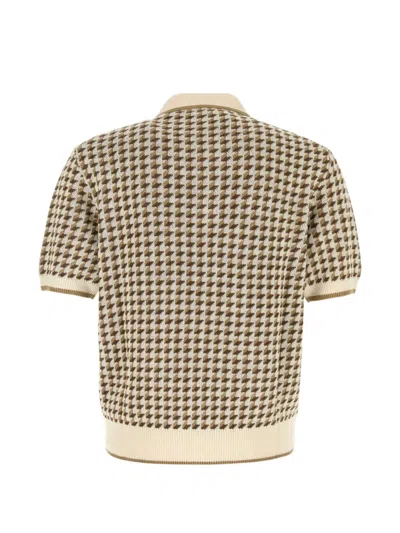 Canali Beige Short-sleeved Linen And Silk Jacquard Polo Shirt With Houndstooth Pattern In Multi