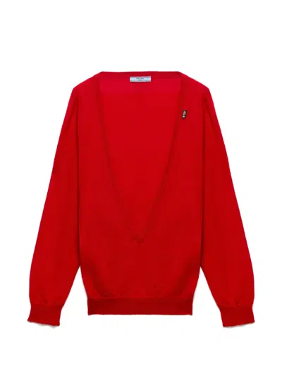 Prada Pullover Aus Kaschmir Mit V-ausschnitt In Red