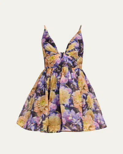 Zimmermann Luna Gathered Floral-print Linen And Silk-blend Mini Dress