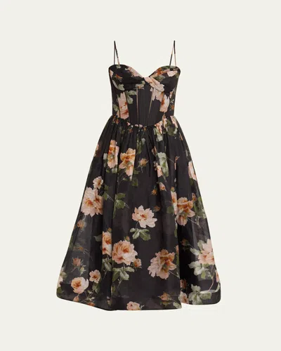 Zimmermann Luna Floral-print Linen And Silk-blend Midi Dress In Black