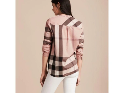 Shop Burberry Check Grandad Collar Shirt In Antique Pink