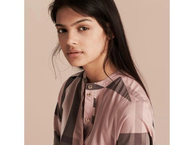 Shop Burberry Check Grandad Collar Shirt In Antique Pink