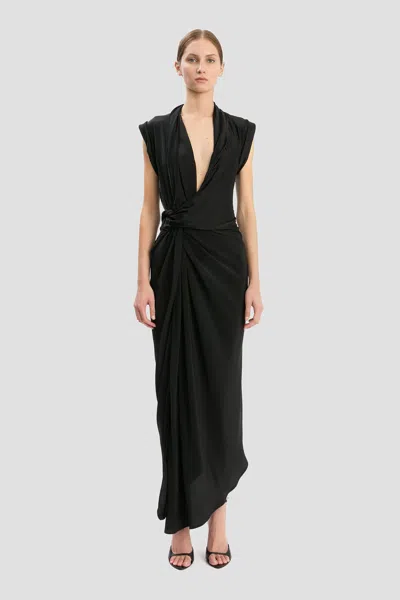 Victoria Beckham Asymmetric Twisted Silk Slit Maxi Dress In Black