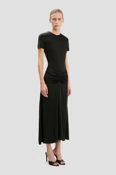 Victoria Beckham Womens Gathered Short-sleeve Stretch-woven Midi Dress Black