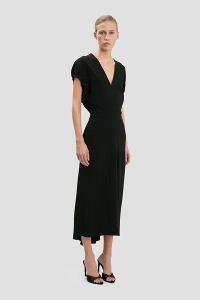 Victoria Beckham Womens Black Blouson-sleeve Fluid-cady Midi Dress In Black