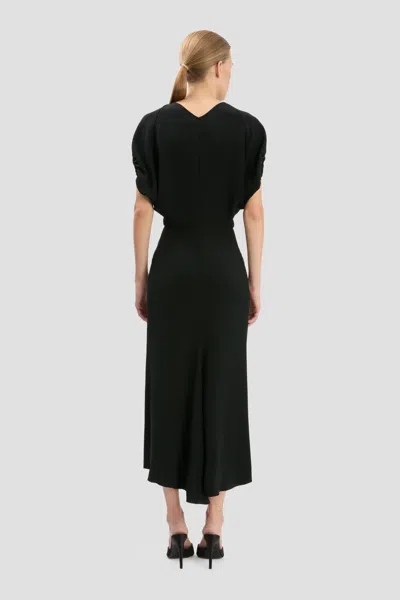 Victoria Beckham Womens Black Blouson-sleeve Fluid-cady Midi Dress In Black