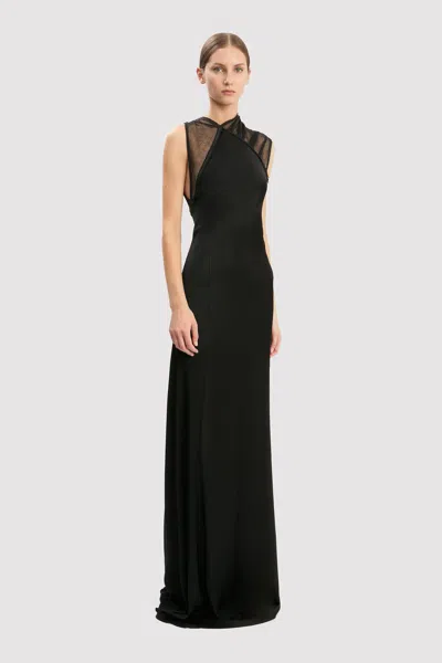 Victoria Beckham Asymmetric Mesh Trim Trumpet Gown In Black