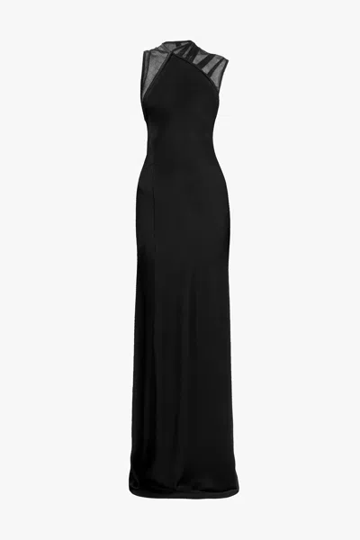 Victoria Beckham Asymmetric Mesh Trim Trumpet Gown In Black