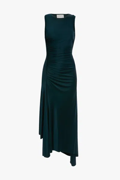Victoria Beckham Womens Dark Teal Twist Asymmetric-hem Woven Midi Dress In Green