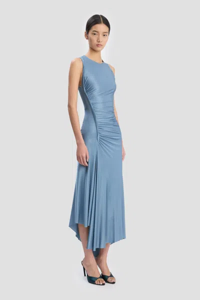 Victoria Beckham Womens Stone Twist Asymmetric-hem Woven Midi Dress In Blue
