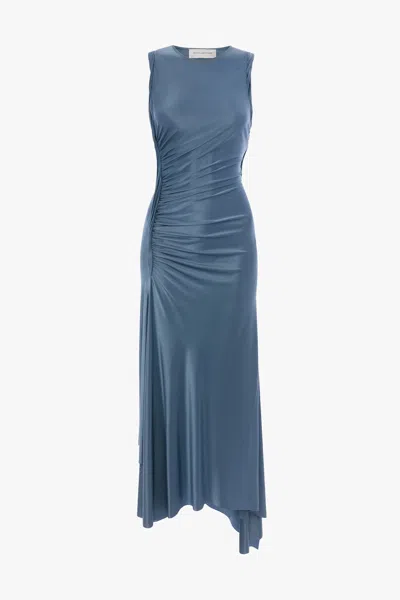 Victoria Beckham Womens Stone Twist Asymmetric-hem Woven Midi Dress In Blue