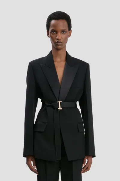 Victoria Beckham Womens Black Single-breasted Belted Tailored Wool-blend Jacket