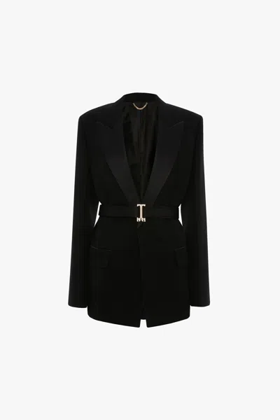 Victoria Beckham Womens Black Single-breasted Belted Tailored Wool-blend Jacket